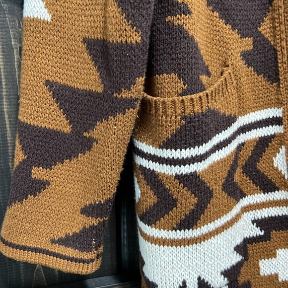 Lucky Brand Southwestern Aztec Cardigan S Open Brown Duster Cozy Hooded Casual - Picture 3 of 13